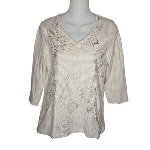 Chico's Zenergy Striped Gold Foil & Lace Knit Top Shirt Size 1 Medium